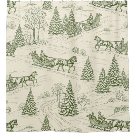Green Toile Christmas Sleigh Ride Pattern (2) Douchegordijn (Voorkant)
