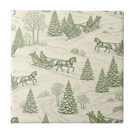 Green Toile Christmas Sleigh Ride Pattern (2) Tegeltje (Voorkant)