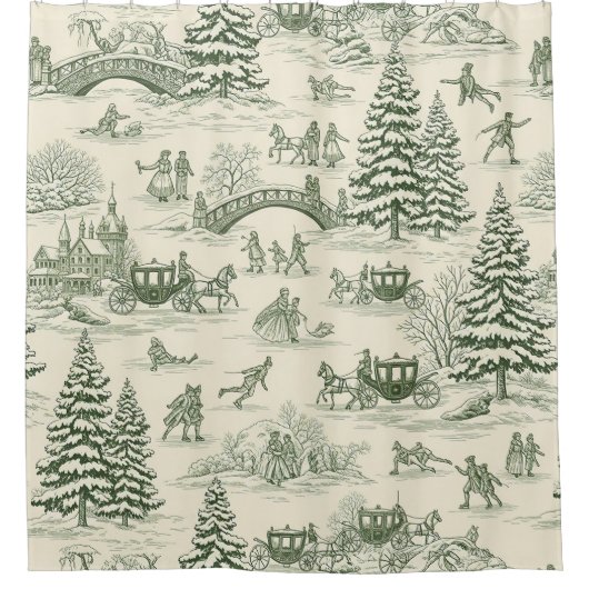 Green Toile Christmas Sleigh Ride Pattern (3) Douchegordijn (Voorkant)
