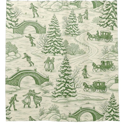 Green Toile Christmas Sleigh Ride Pattern (4) Douchegordijn (Voorkant)