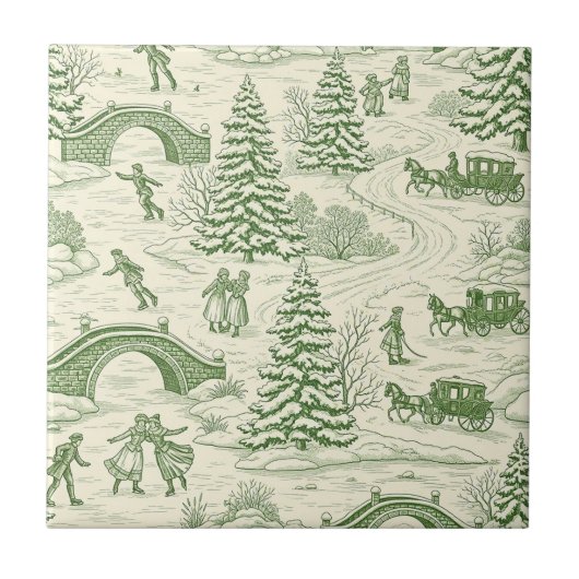 Green Toile Christmas Sleigh Ride Pattern (4) Tegeltje (Voorkant)