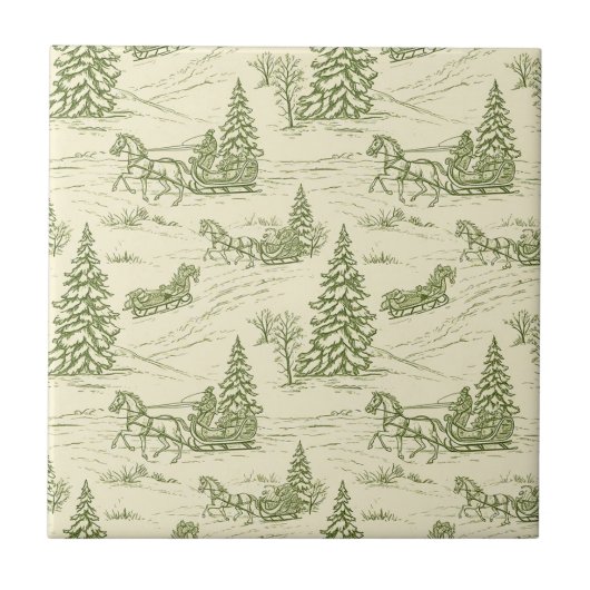 Green Toile Christmas Sleigh Ride Pattern Tegeltje (Voorkant)