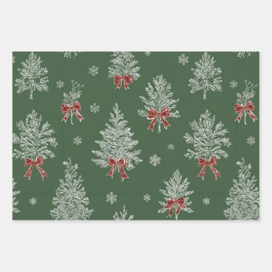 Green Toile Christmas Tree Pattern Inpakpapier Vel (Voorkant)