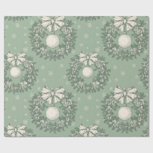 Green Toile Christmas Wreath Pattern Cadeaupapier (Vlak)