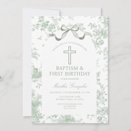 Green Toile de Jouy Baptism & First Birthday Bow  Kaart (Voorkant)