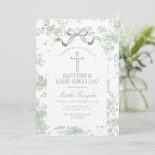 Green Toile de Jouy Baptism & First Birthday Bow  Kaart (Staand voorkant)