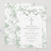 Green Toile de Jouy Baptism & First Birthday Bow  Kaart (Voorkant / Achterkant)