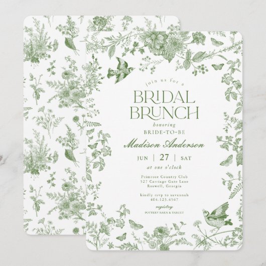 Green Toile De Jouy  Bloemen Bruids Brunch Kaart (Voorkant / Achterkant)