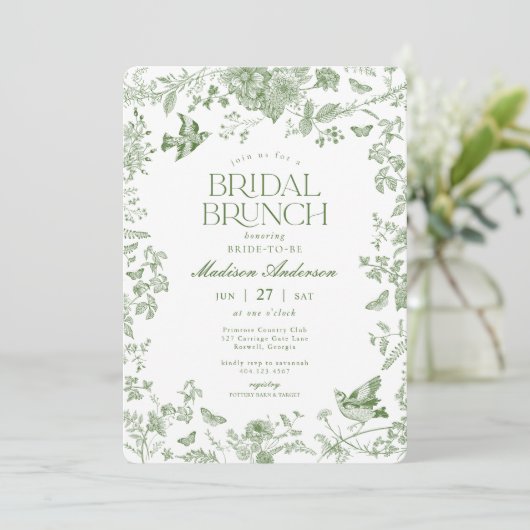 Green Toile De Jouy  Bloemen Bruids Brunch Kaart (Staand voorkant)