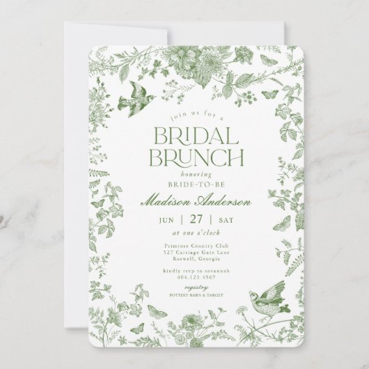 Green Toile De Jouy Bloemen Bruids Brunch Kaart (Voorkant)