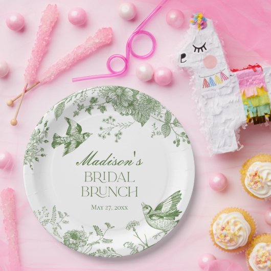 Green Toile De Jouy  Bloemen Bruids Brunch Papieren Bordje (Feest)