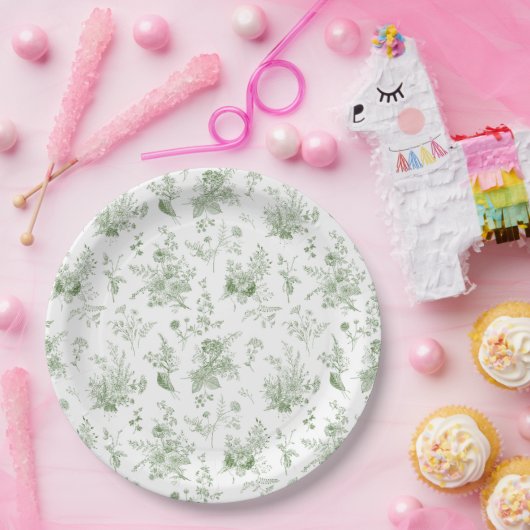 Green Toile De Jouy  Bloemen Chinoiserie Papieren Bordje (Feest)