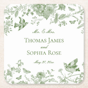 Green Toile De Jouy  Bloemen Huwelijk Kartonnen Onderzetters