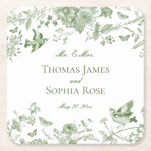 Green Toile De Jouy  Bloemen Huwelijk Kartonnen Onderzetters (Voorkant)