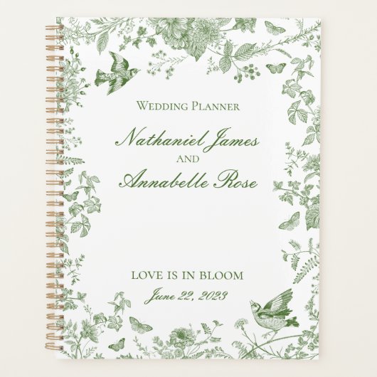 Green Toile De Jouy  Bloemen Huwelijk Planner (Voorkant)
