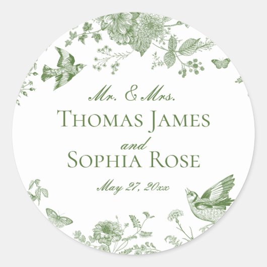 Green Toile de Jouy  Bloemen Wedding Favoriet Ronde Sticker (Voorkant)