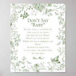 Green Toile de Jouy Dont Say Baby shower Game Poster