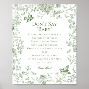 Green Toile de Jouy Dont Say Baby shower Game Poster