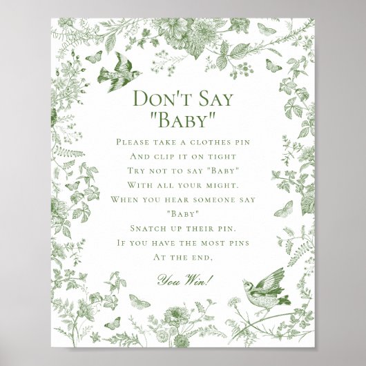 Green Toile de Jouy Dont Say Baby shower Game Poster (Voorkant)