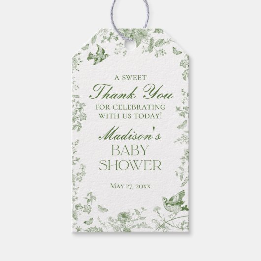 Green Toile De Jouy Floral Baby shower Favors Cadeaulabel (Voorkant)