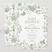Green Toile De Jouy  Floral Baby shower Kaart (Voorkant / Achterkant)