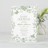 Green Toile De Jouy  Floral Baby shower Kaart (Staand voorkant)