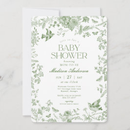Green Toile De Jouy  Floral Baby shower Kaart