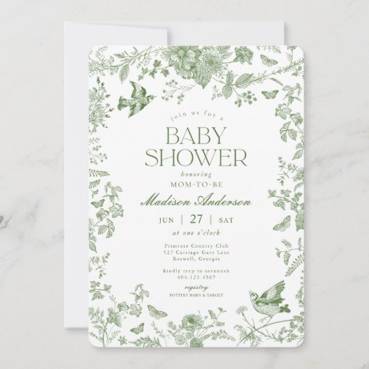 Green Toile De Jouy  Floral Baby shower Kaart (Voorkant)