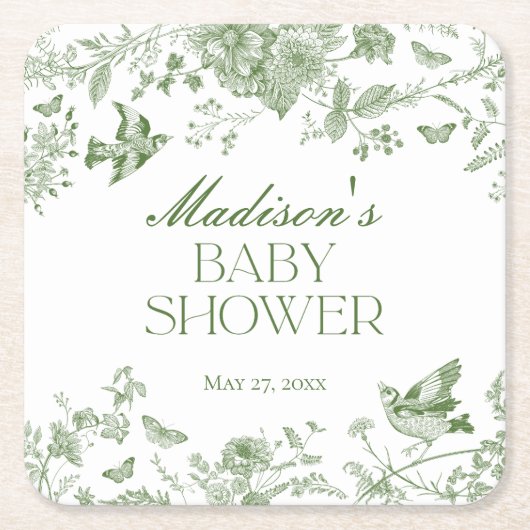 Green Toile De Jouy  Floral Baby shower Kartonnen Onderzetters (Voorkant)