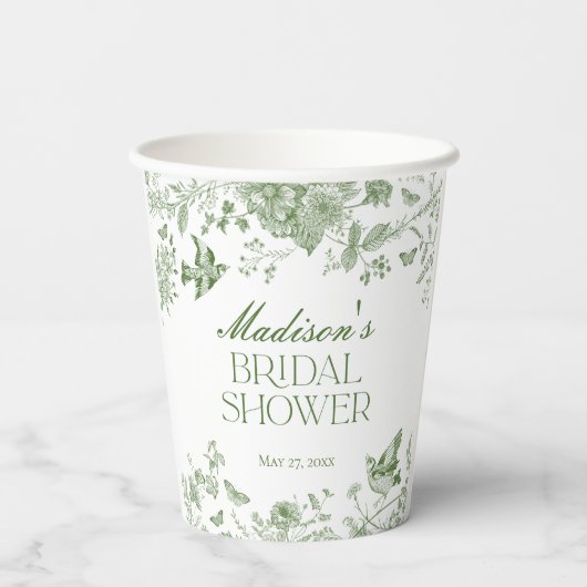 Green Toile De Jouy  Floral Vrijgezellenfeest Papieren Bekers (Achterkant)