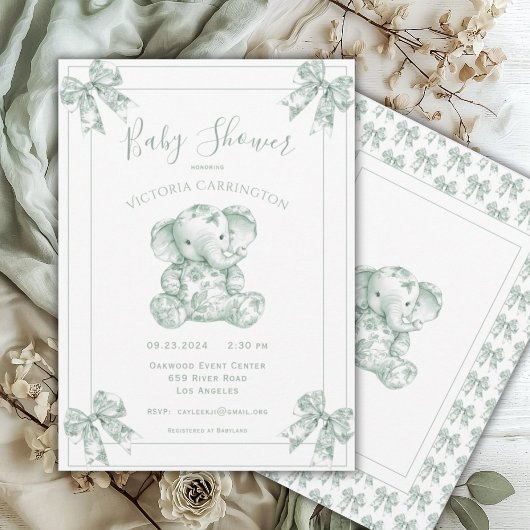 Green Toile Elephant Baby shower Kaart