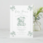 Green Toile Elephant Baby shower Kaart (Staand voorkant)