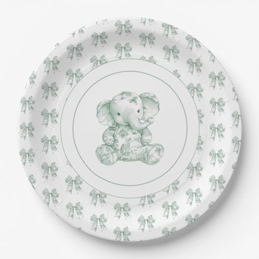 Green Toile Elephant Baby shower Papieren Bordje (Voorkant)