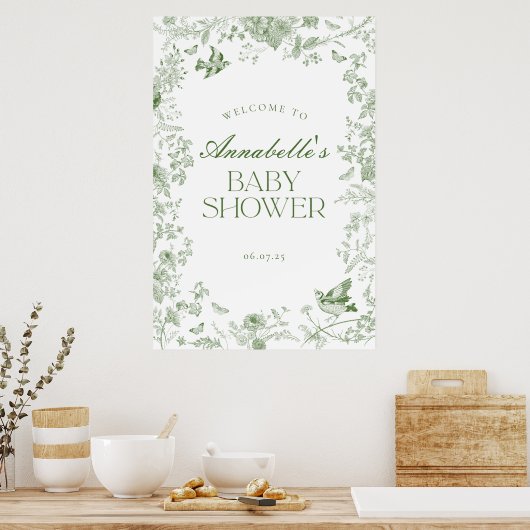 Green Toile Jouy Floral Baby shower Welkomstbord Poster (Keuken)