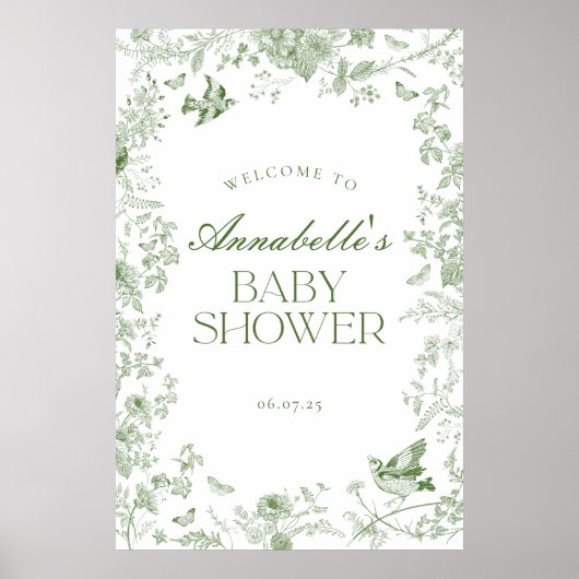 Green Toile Jouy Floral Baby shower Welkomstbord Poster (Voorkant)