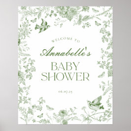 Green Toile Jouy Floral Baby shower Welkomstbord Poster