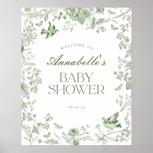 Green Toile Jouy Floral Baby shower Welkomstbord Poster (Voorkant)