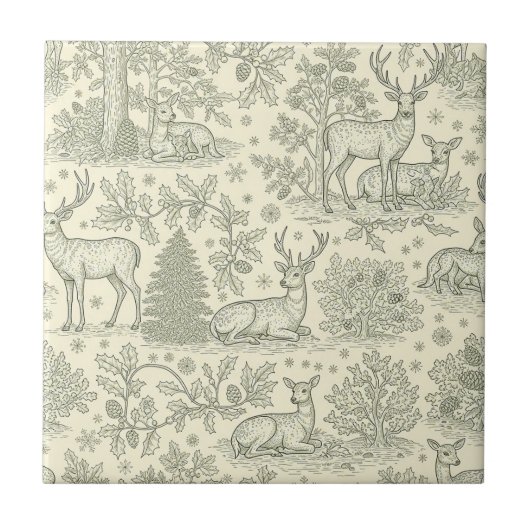 Green Toile Woodland Deer Christmas Pattern (2) Tegeltje (Voorkant)