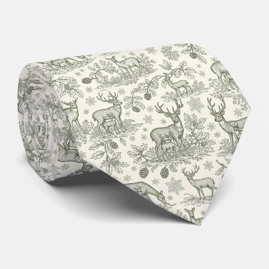 Green Toile Woodland Deer Christmas Pattern (3) Stropdas (Opgerold)