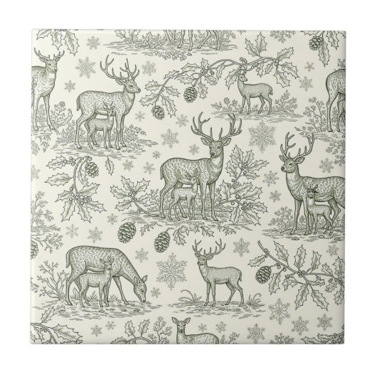 Green Toile Woodland Deer Christmas Pattern (3) Tegeltje (Voorkant)