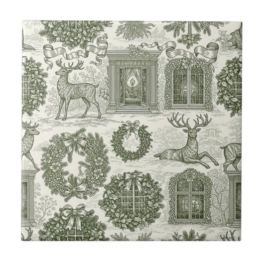 Green Toile Woodland Deer Christmas Pattern Tegeltje (Voorkant)