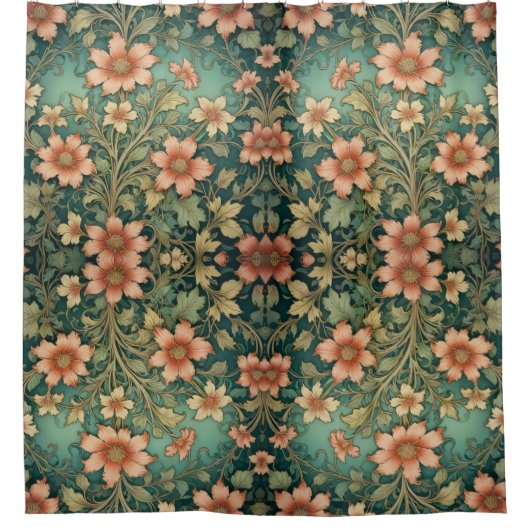 Green Tone Sinaasappel Flowers Art Nouveau Douchegordijn (Voorkant)