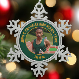 Green Track & Field Photo High School Runner Tin Sneeuwvlok Ornament