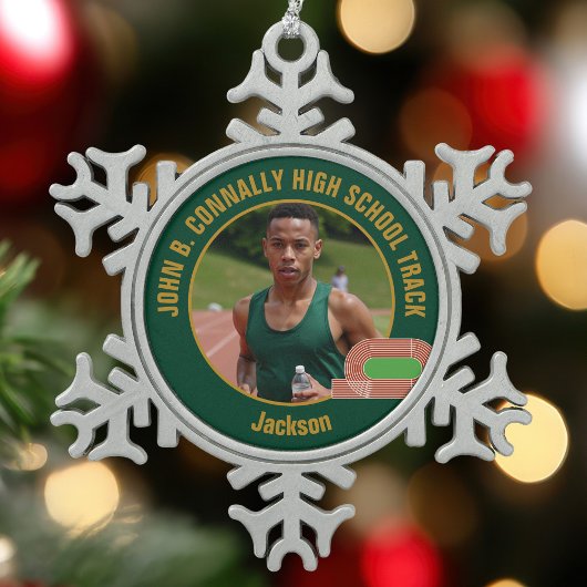 Green Track & Field Photo High School Runner Tin Sneeuwvlok Ornament
