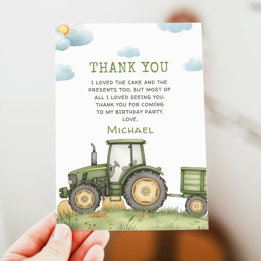Green Tractor 1st Birthday Party Thank You Card Kaart