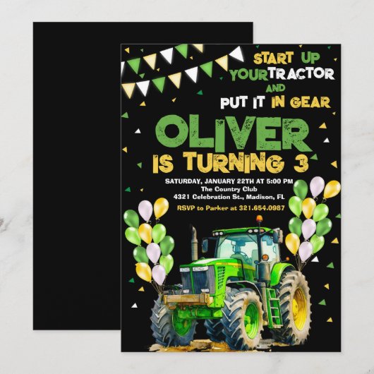 Green Tractor 3rd Birthday Party Kaart (Voorkant / Achterkant)