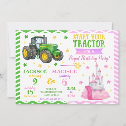 Green Tractor and Princess Joint Birthday Kaart (Voorkant)