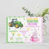 Green Tractor and Princess Joint Birthday Kaart (Staand voorkant)