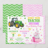 Green Tractor and Princess Joint Birthday Kaart (Voorkant / Achterkant)