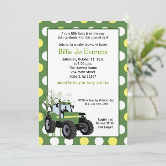 Green Tractor Baby shower 5x7 Uitnodiging (Staand voorkant)